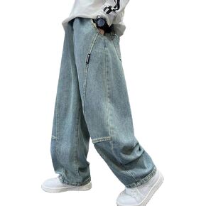 Boys Baggy Jeans Straight Leg Cotton Denim Pants with Pockets Elastic Waist Loose Fit Casual Trousers 5-14 Years in Saudi Arabia