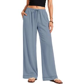LOMON Women's Linen Pants Boho Wide Leg Summer Flowy Elastic Pants Lightweight Beach Vacation Outfits Pants with Pockets in Saudi Arabia