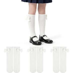 ZERULETS 3 Pairs Bow Girls Knee High Socks, Cotton School Uniform Dress Long Socks for Girls 4-12 Years in Saudi Arabia