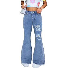 Girls Flare Jeans 8-12 High Waisted Stretch Denim Pants Ripped Bell Bottom Style for School Casual Wear in Saudi Arabia