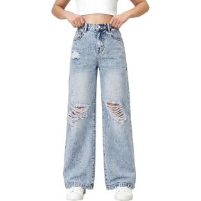 Girls Baggy Ripped Jeans Elastic High Waist Wide Leg Blue Denim Pants Cute Y2K Trendy Distressed Streetwear 7-14Y in Saudi Arabia