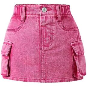 Nivne Tco Toddler Girls Cargo Denim Skirt with Side Pockets - Elastic Waistband Pink Jean Skirt Button Front for Little Girl in Kuwait