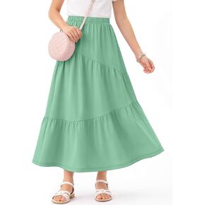 Halfchet Girls' Maxi Tiered Skirts with Pockets 5-16 Years Long Casual Flowy Swing Elastic Waist Pleated Ruffle Summer Skirts in Kuwait