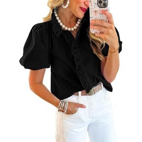 ETCYY Puff Sleeve Tops for Women Summer Striped Ruffle Tops Trendy Button Down Plaid Shirts Puffy Ruffle Collar Blouse in Saudi Arabia