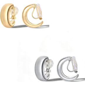FAN&LOUIS Gold Silver Clip On Hoop Earrings,14K Gold Plated Chunky Gold Small Huggie Hoops Clip-On Earrings for Women│Small Wide Round Hoop Clip On Earrings in Kuwait