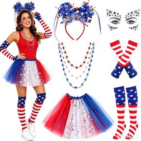 8 Pcs Patriotic Costume Accessories, Patriotic Headband Star Necklaces Face Tatoo Gloves Tights and Tutu for 250th Party Supplies 4th of July Independence Day Cosplay in Saudi Arabia
