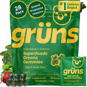 Gruns Adult Super Greens Multivitamin Gummies, Superfood Gummy Vitamins for Women and Men with Spirulina, Chlorella, Adaptogens & Prebiotic Fiber for Digestive Health (28 Count) in Kuwait