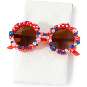 PANTIDE American Babe Sunglasses - Red White Blue Pearls Rhinestone Round Shaped Sunglasses, Fourth of July Patriotic Party Favors Outdoor Beach Glasses Accessories, Jewelry Gift for Kids (Red) in Kuwait