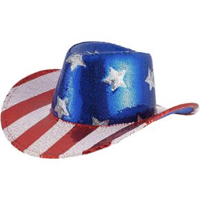 Women's Men's 4th of July Hat American Flag Cowboy Hat Star Striped Red White and Blue Sequin Cowgirl Western Hat in Kuwait