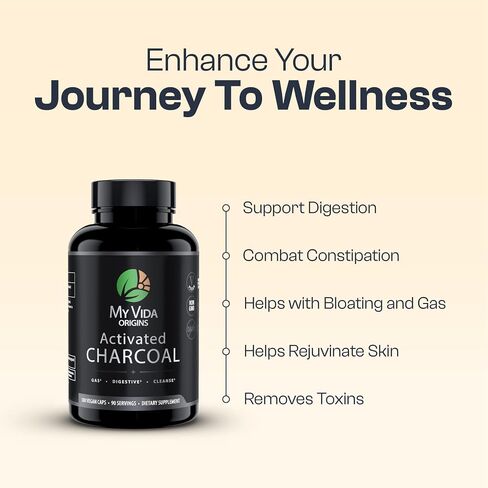 My Vida Origins Activated Coconut Charcoal Capsules - Detox, Gas Relief, Digestive and Gut Health Support | Vegan, Organic, Non-GMO, Gluten Free, No Additives - 90 Count in Saudi Arabia