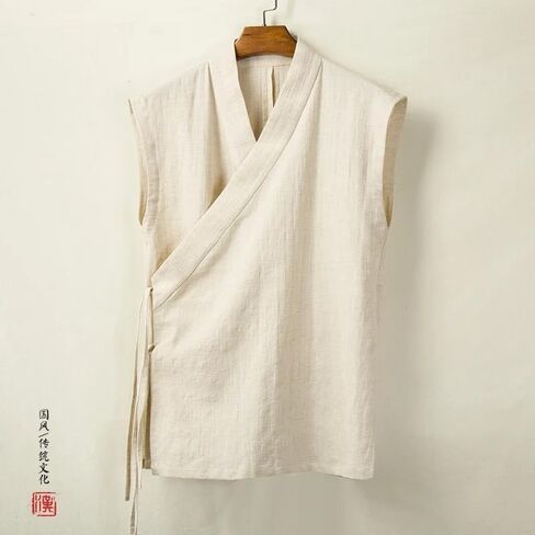 Summer Chinese Traditional Clothing Hanfu Vest Men Linen Cotton Sleeveless Top Men's Tang Suit Kimono Cardigan White S in Saudi Arabia