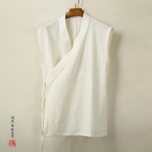 Summer Chinese Traditional Clothing Hanfu Vest Men Linen Cotton Sleeveless Top Men's Tang Suit Kimono Cardigan White S in Saudi Arabia