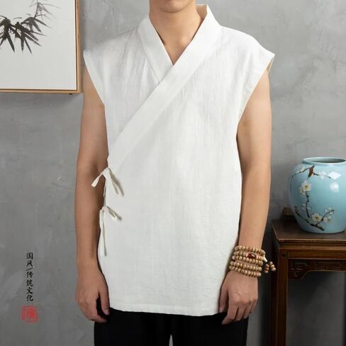 Summer Chinese Traditional Clothing Hanfu Vest Men Linen Cotton Sleeveless Top Men's Tang Suit Kimono Cardigan White S in Saudi Arabia