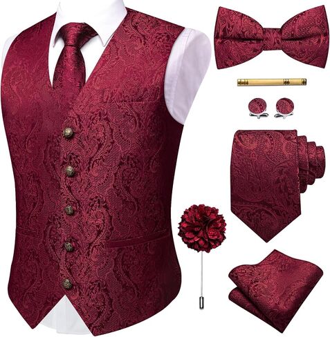 YourTies Mens Suit Vest Tie Bowtie Set Silk Paisley Formal Waistcoat Pocket Square Cufflinks Clip Lapel Pin Wedding Party in Kuwait