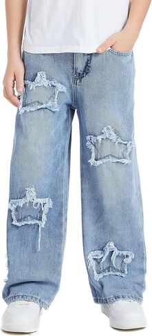 Baggy Boys Jeans, Wide Straight Leg Elastic Waist Y2K Denim Pants, Classic Trendy Streetwear with Pockets for Kids 7-13 Years in Kuwait
