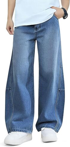 Haloumoning Boys Baggy Jeans Kids Wide Leg Elastic Wasit Demin Pants with Pockets 5-14 Years in Kuwait