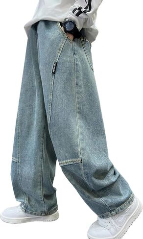 Boys Baggy Jeans Straight Leg Cotton Denim Pants with Pockets Elastic Waist Loose Fit Casual Trousers 5-14 Years in Saudi Arabia