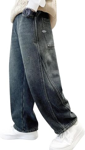 Boys Baggy Jeans Straight Leg Cotton Denim Pants with Pockets Elastic Waist Loose Fit Casual Trousers 5-14 Years in Saudi Arabia