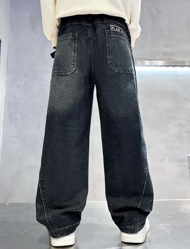 Boys Baggy Jeans Straight Leg Cotton Denim Pants with Pockets Elastic Waist Loose Fit Casual Trousers 5-14 Years in Saudi Arabia