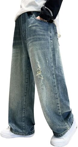 Boys Baggy Jeans Straight Leg Cotton Denim Pants with Pockets Elastic Waist Loose Fit Casual Trousers 5-14 Years in Saudi Arabia