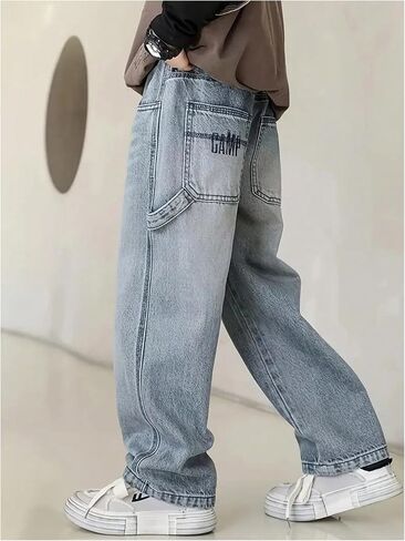 GORGLITTER Boy's Baggy Jeans Y2K Casual Wide Leg Denim Pants Fashion Loose Fit Casual Pants with Pockets in Kuwait