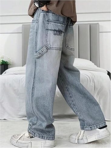 GORGLITTER Boy's Baggy Jeans Y2K Casual Wide Leg Denim Pants Fashion Loose Fit Casual Pants with Pockets in Kuwait