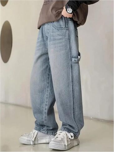 GORGLITTER Boy's Baggy Jeans Y2K Casual Wide Leg Denim Pants Fashion Loose Fit Casual Pants with Pockets in Kuwait