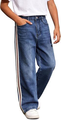 Haloumoning Boys Baggy Jeans Kids Wide Leg Elastic Waist Denim Pants Loose Fit Vintage Casual Trousers with Pockets in Kuwait
