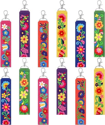 Kigeli 12 Pcs Mexican Floral Embroidery Keychain Set, Vibrant Color Polyester Fabric Keychain & Zipper Pull, Mexican Gift for Women Men, Day of The Dead, Purse Backpack Car Keys in Kuwait
