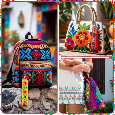 Kigeli 12 Pcs Mexican Floral Embroidery Keychain Set, Vibrant Color Polyester Fabric Keychain & Zipper Pull, Mexican Gift for Women Men, Day of The Dead, Purse Backpack Car Keys in Kuwait