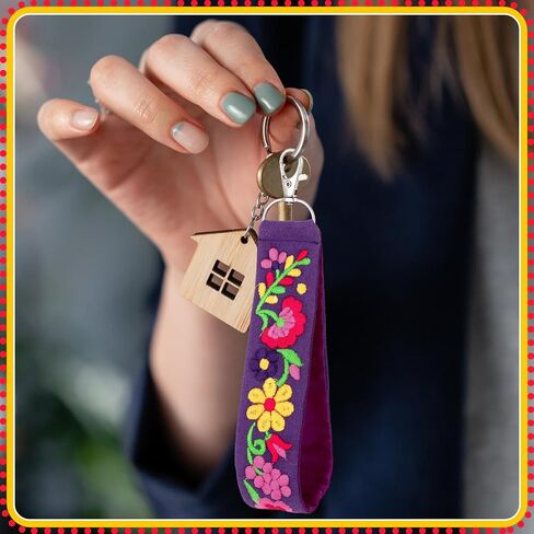 Kigeli 12 Pcs Mexican Floral Embroidery Keychain Set, Vibrant Color Polyester Fabric Keychain & Zipper Pull, Mexican Gift for Women Men, Day of The Dead, Purse Backpack Car Keys in Kuwait