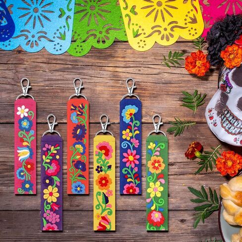 Kigeli 12 Pcs Mexican Floral Embroidery Keychain Set, Vibrant Color Polyester Fabric Keychain & Zipper Pull, Mexican Gift for Women Men, Day of The Dead, Purse Backpack Car Keys in Kuwait