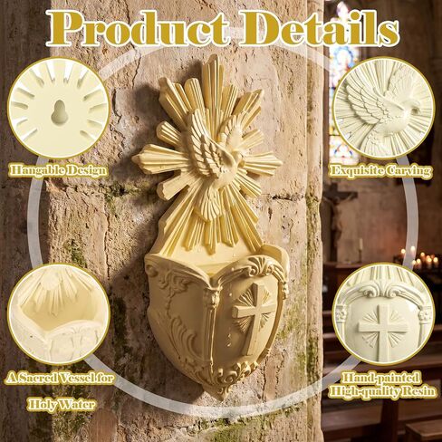 Gerrii Catholic Holy Spirit Dove Holy Water Font 5.1 Inch White Resin Catholic Water Holder Font Wall Hanging Decor Religious Gifts for First Communion Church Wall Decorations in Kuwait