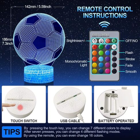 Soccer Gifts for Teens Boys Girls, Soccer Ball 3D Illusion Lamp Night Light Room Decor, 16 Colors Change Remote Control 6 7 8 9 10 11 12 Year Old Boy Sports Fan Birthday Gifts in Kuwait