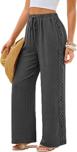 Sampeel Wide Leg Palazzo Pants for Women Flowy Lace Elastic Waist with Pockets Summer Vacation Outfits in Kuwait