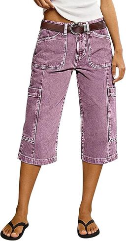 Flamingals Capri Straight Pants for Women Wide Leg Mid Waist Stitch Detail Side Pocket Denim Pants in Kuwait