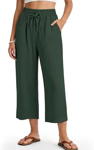 Women's Casual Capris Pants High Waist Pants Drawstring Loose Fit Summer Trousers with Pockets for Beach Vacation in Kuwait