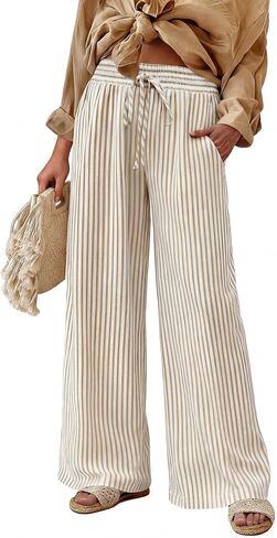 Womens Striped Wide Leg Palazzo Pants High Waisted Elastic Drawstring Casual Lounge Trousers with Pockets in Saudi Arabia