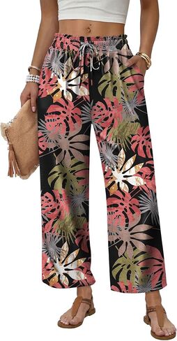 WIHOLL Wide Leg Pants Woman Flowy Palazzo Drawstring Elastic Waist Trousers with Pockets Casual Lounge in Kuwait