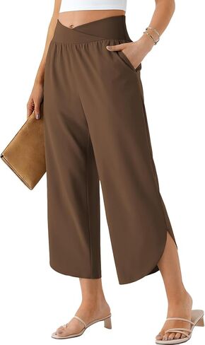 Wide Leg Capri Pants for Women Crossover High Waist Casual Palazzo Slacks Summer Beach Vacation Clothes with Pockets in Saudi Arabia