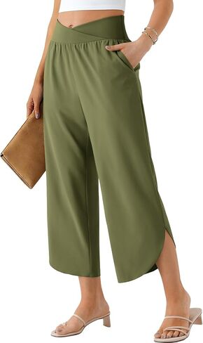 Wide Leg Capri Pants for Women Crossover High Waist Casual Palazzo Slacks Summer Beach Vacation Clothes with Pockets in Saudi Arabia