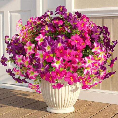 Daynight 16 Pcs Faux Petunias Artificial Flowers for Outdoors, UV Resistant Fake Purple Petunias Plants Realistic Silk Flowers for Porch Front Door Garden Window Outside Decor (16, Purple) in Saudi Arabia