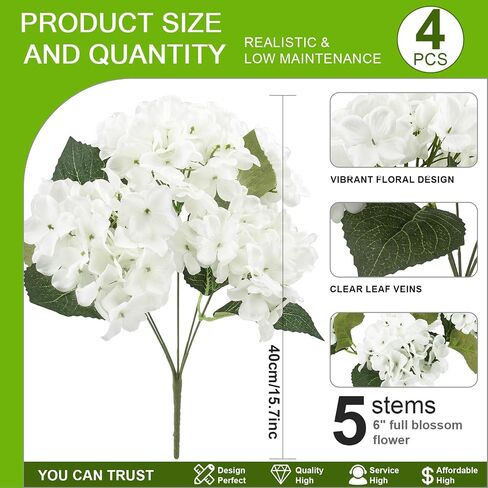 Daynight 4 Pcs Hydrangea Artificial Flowers Outdoor Silk Bouquets, UV Resistant Faux Hydrangeas Flowers for Table Vase Centerpieces Outside Party Wedding Baby Shower Home Outdoor Decor (4, White) in Kuwait