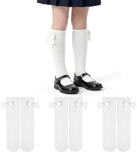 ZERULETS 3 Pairs Bow Girls Knee High Socks, Cotton School Uniform Dress Long Socks for Girls 4-12 Years in Saudi Arabia