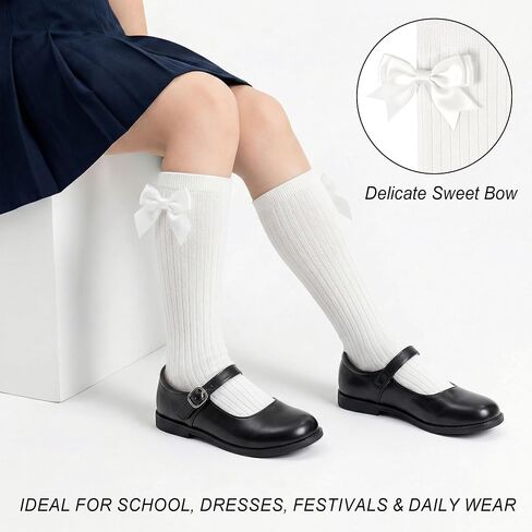 ZERULETS 3 Pairs Bow Girls Knee High Socks, Cotton School Uniform Dress Long Socks for Girls 4-12 Years in Kuwait