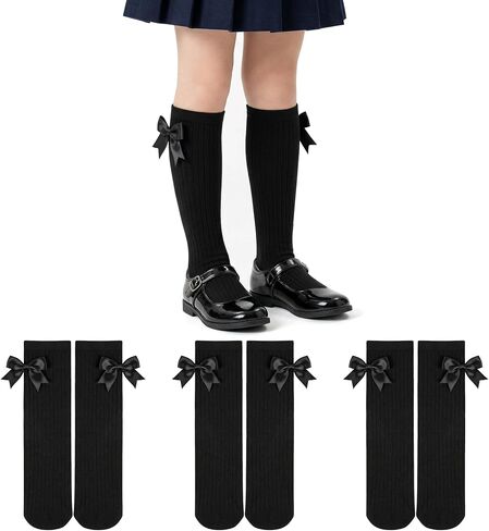ZERULETS 3 Pairs Bow Girls Knee High Socks, Cotton School Uniform Dress Long Socks for Girls 4-12 Years in Kuwait