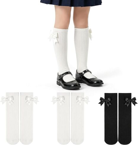 ZERULETS 3 Pairs Bow Girls Knee High Socks, Cotton School Uniform Dress Long Socks for Girls 4-12 Years in Kuwait