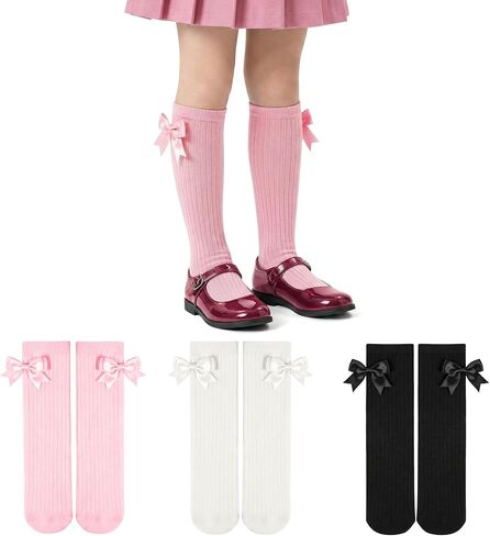 ZERULETS 3 Pairs Bow Girls Knee High Socks, Cotton School Uniform Dress Long Socks for Girls 4-12 Years in Kuwait