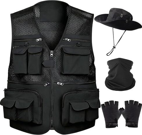 HUNTURE Fishing Vest,Pocket Travel Vest and Hat Gloves Neck Gaiter for Safari Hiking,Lightweight Work Cargo Vest for Men in Saudi Arabia