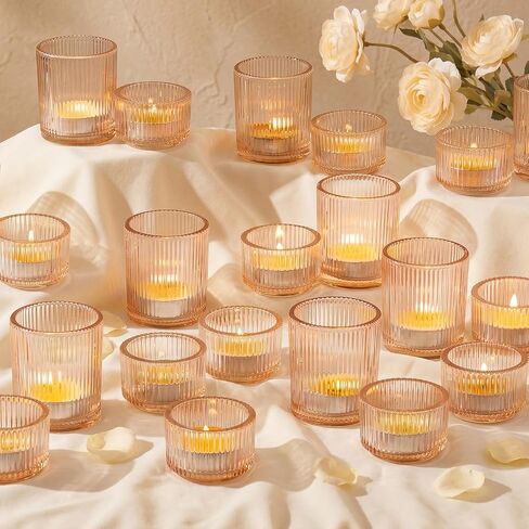 Glasseam Gold Votive Candle Holders: 24 Pcs Ribbed Glass Tealight Candle Holder Set Tea Light Holders Bulk Wedding Decorations for Reception Modern Party Decor Centerpiece in Kuwait